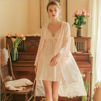 

French style two-pieces silk women bath robe sexy lace spaghetti strap nightgowns and full sleeves gauze robe for spring summer