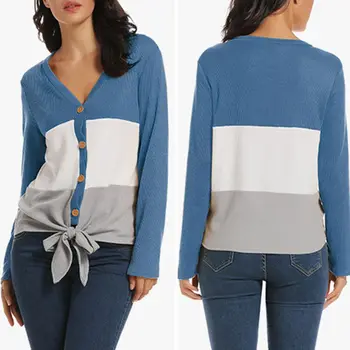 

Womens Long Sleeves Knitted Blouse Twist Tie Knot Casual Loose Tops Button Down Color Block Patchwork Sexy V-Neck Sweater Shirts