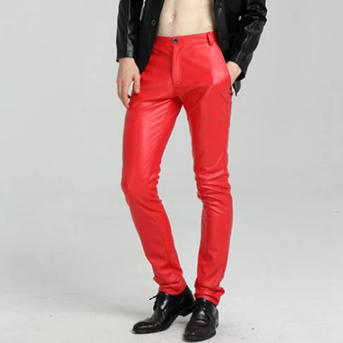 Белые/красные/синие/черные обтягивающие брюки из искусственной кожи для мужчин, тонкие джоггеры из искусственной кожи, мотоциклетные байкерские колготки, брюки, большие размеры - Цвет: Красный