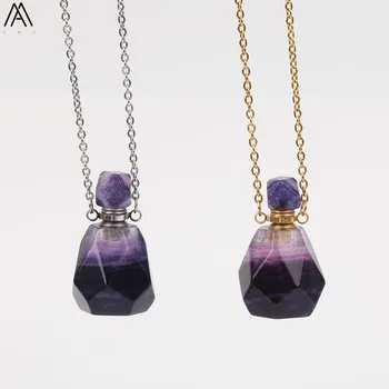 

Natural Purple Fluorite Stone Perfume Bottle Pendant Necklace Women Stainless Steel Essential Oil Diffuser Jewelry SA-30AMCB