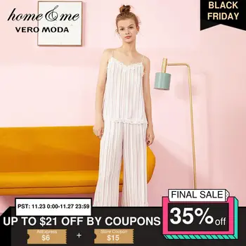

Vero Moda Women's Striped Lace Spliced Straps Tops & Pants Homewear Pajamas Sets | 3193TC501