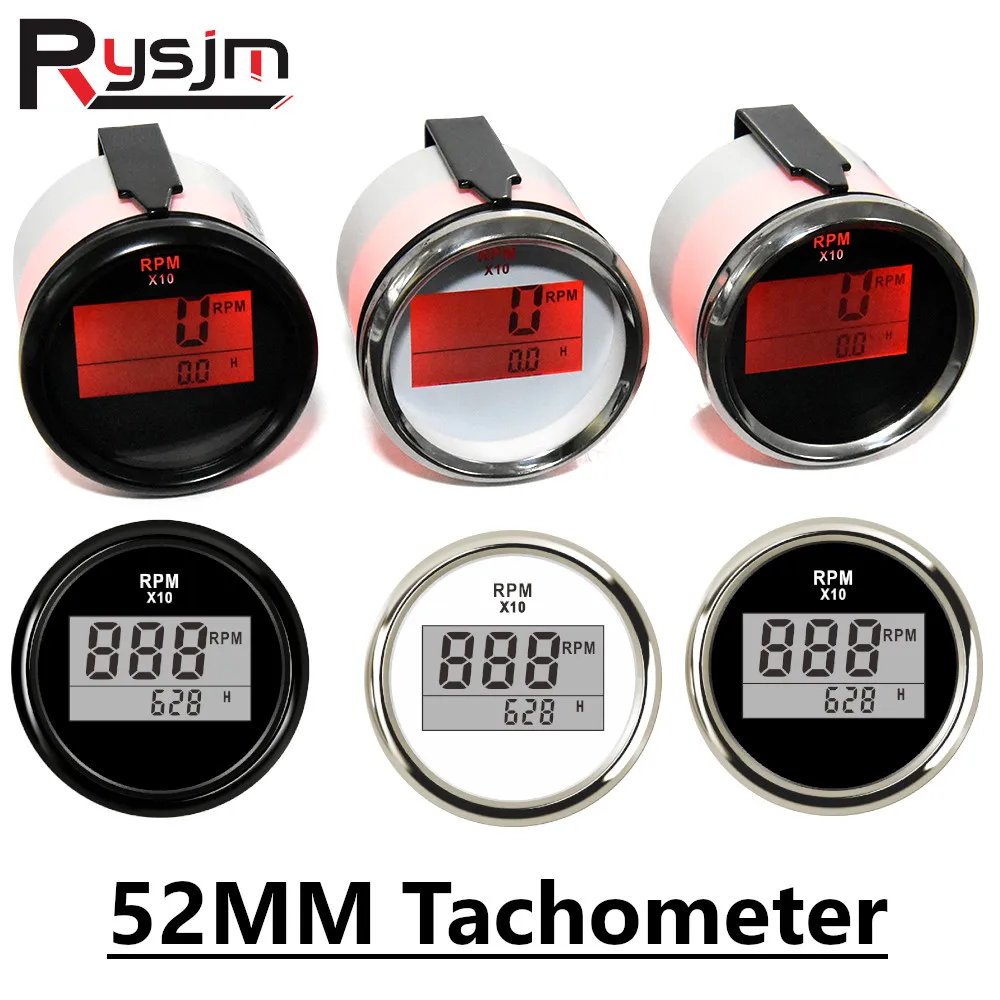 52mm Marine Tachometer Car Truck Boat Engine Tacho Gauge Tachometer Gauge Engine Tachometer Tachometer Meter With Hourmeter Digital tacometro 0-9990 RPM Meter Toerenteller 9-32V