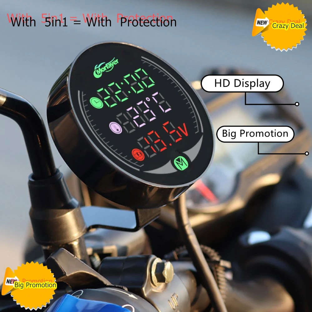 Motorcycle KOSO Round Water Temperature Voltage Meter Time Clock Usb Voltmeter Thermometer 5-in-1 Gauge With Sensor For YNMAX | Автомобили