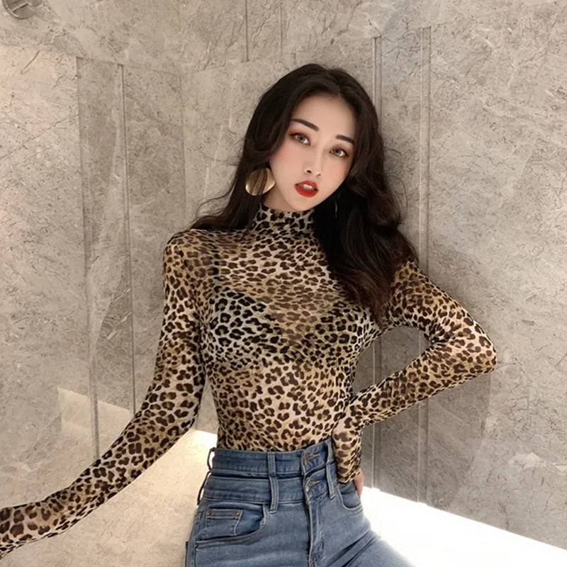 

Women tshirt turtleneck Fashion See-through Sheer Mesh Fishnet T-Shirt Crop Top leopard Printed Female Summer autumn slim Tops