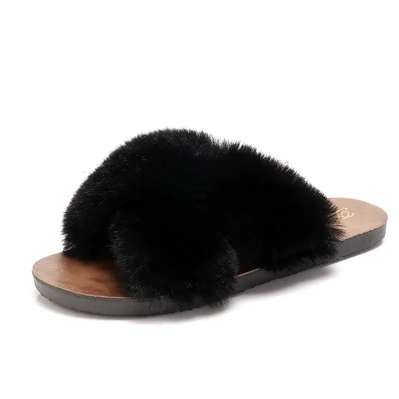 2021 Summer Women House Slippers Faux Fur Fashion Shoes Woman Slip on Flats Female Slides Black Pink cozy home furry slippers