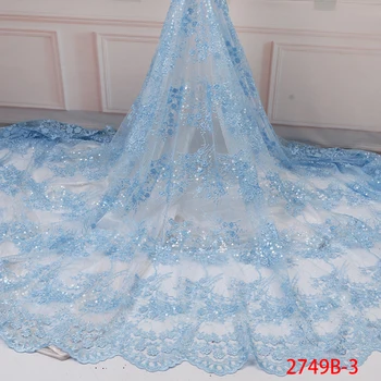 

New Arrival Sky Blue Lace Fabric French Laces Fabrics High Quality Tulle lace with Sequins for Bridal Lace Trim AMY2749B-1