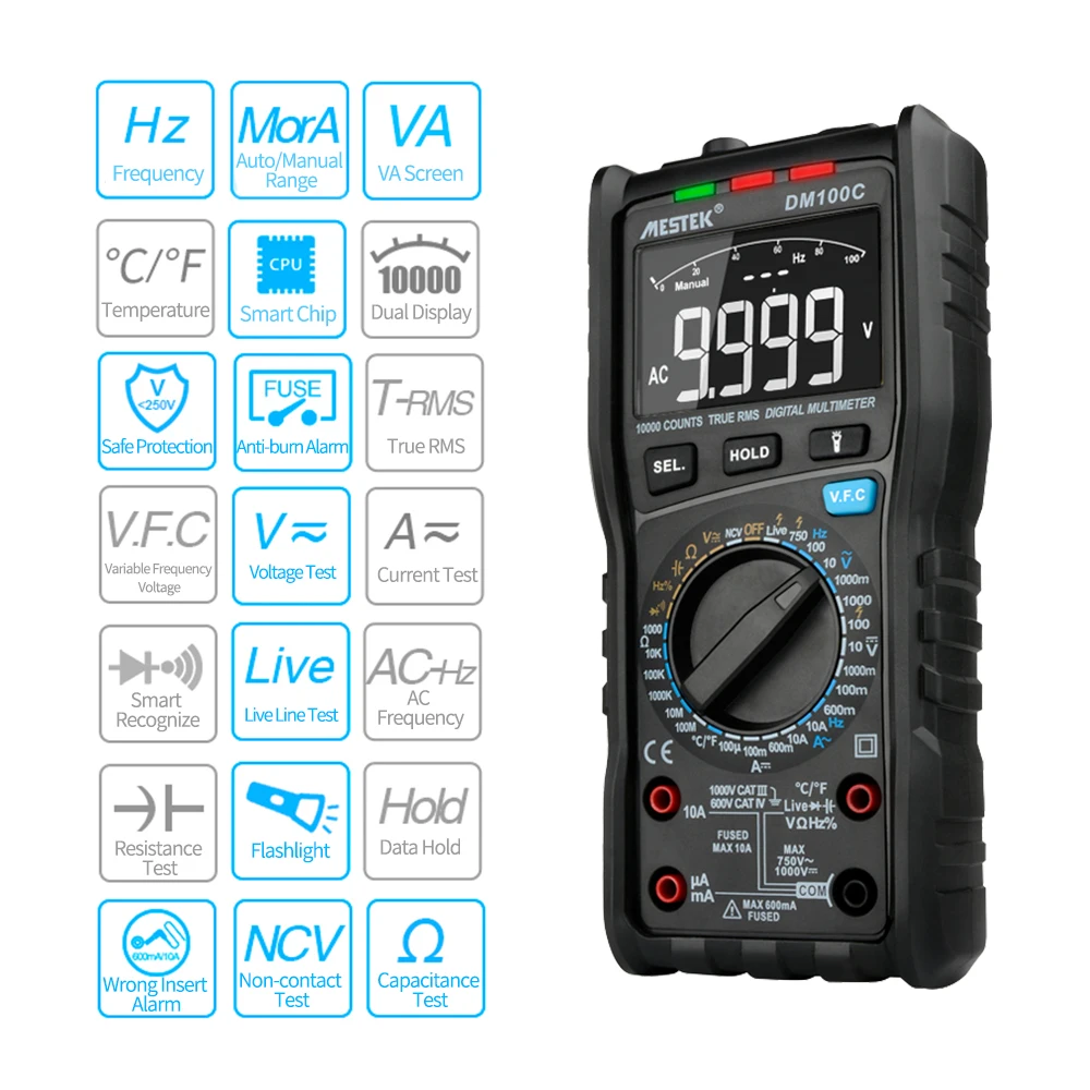 MESTEK DM100C 10000 Counts True RMS Digital Multimeter Measuring AC/DC Voltage Current Resistance Capacitance Frequency