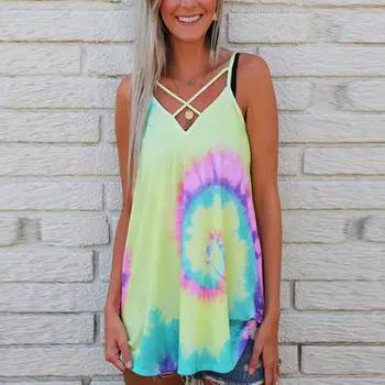 

Tie-dyed 2020 New Fashion Women Camis V-Neck Sleeveless Women Clothes Summer Bright Tops Female Hollow Out Sexy Clothing