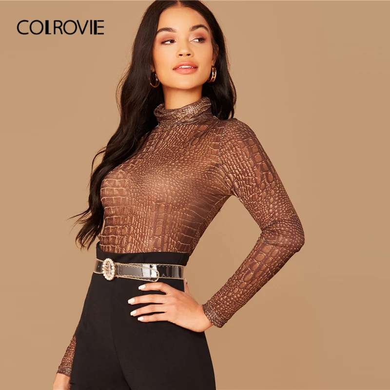 COLROVIE Топ с воротником-хомутом и крокодиловым принтом, полупрозрачный сетчатый топ, женские повседневные облегающие футболки, весенний сексуальный пуловер с длинным рукавом, топы