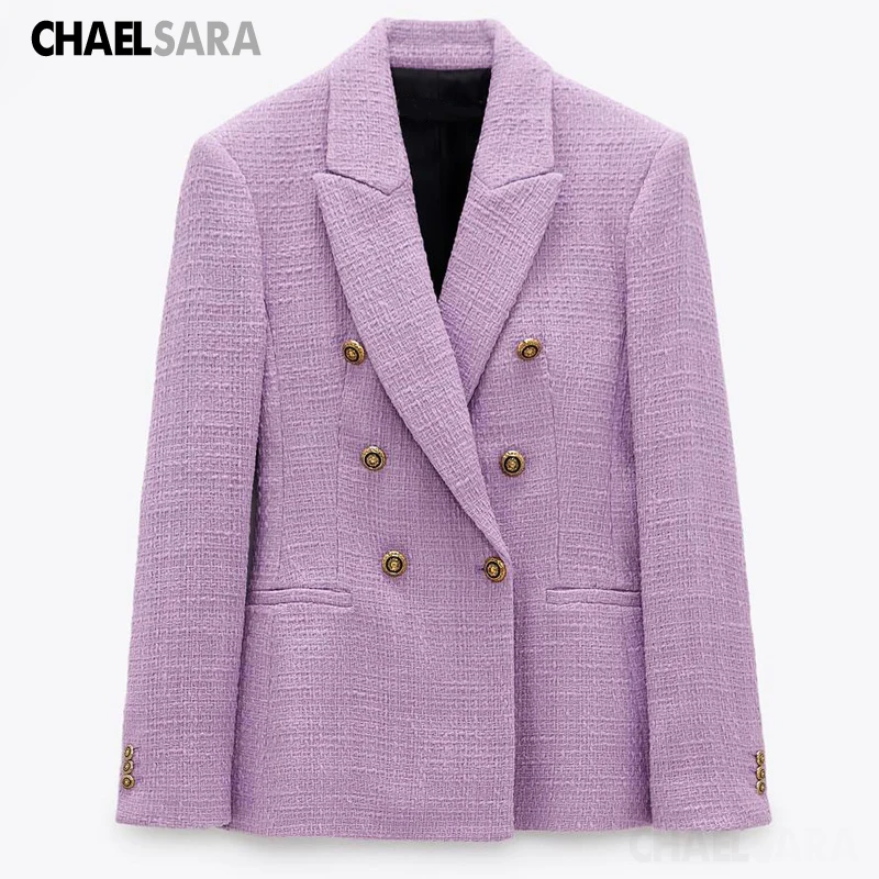 

Spring Autumn Women Vintage Purple Tweed Blazers And Jackets Chic Button Suit Coat Female Office Blazer Outwear Tops