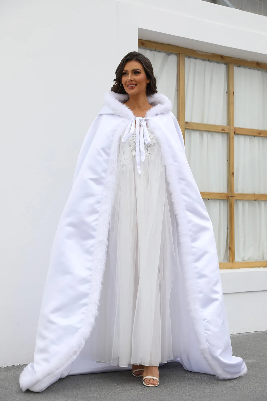White Silk Fur Bathrobe Wedding Shawl Custom Made Warm Long Hooded