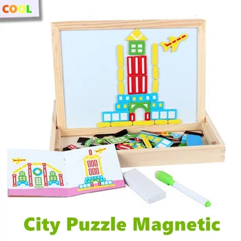 

Wooden 2 in 1 Double Side Baby Sorting &Nesting&Stacking&Drawing&Writing Board City Magnetic Puzzle Educational Toy for children