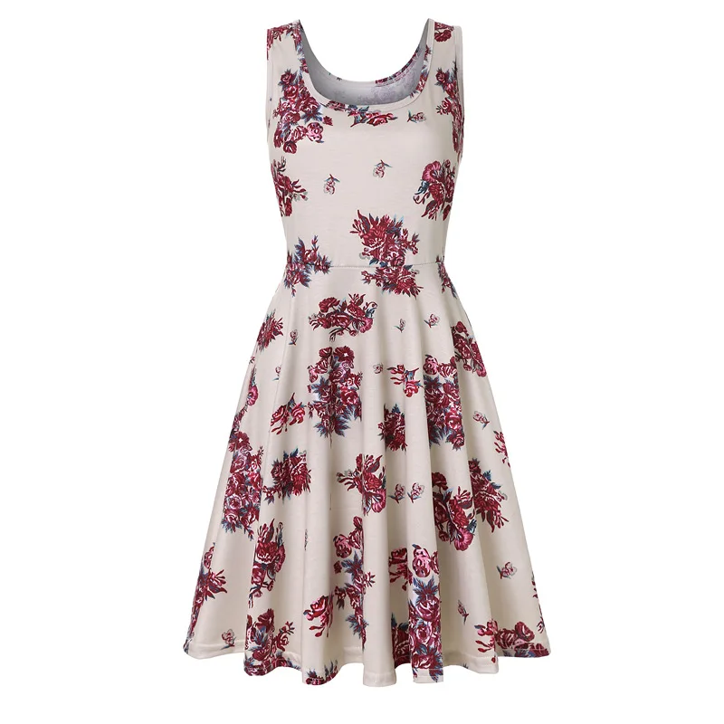 Plus Size Women Sleeveless O-Neck Print Dress Casual Sweet Vintage Floral A-Line Party Dress Summer Beach Dress Vestidos