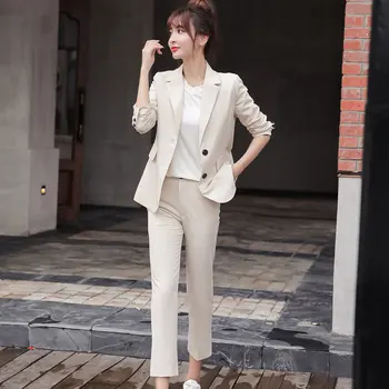 

Female Professional White Pant Suits Autumn New Fashion Office Lady Suits Two-piece Suits Ankle Length Pants Bottom + Top Sets