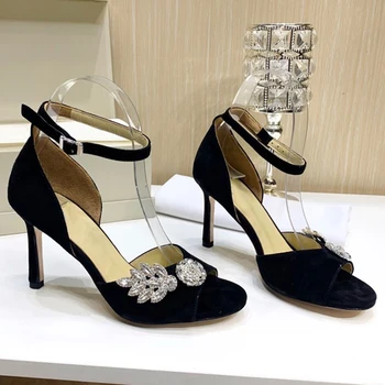 

2020 New Summer Rhinestone Gladiator Leather Sandals Crystal HighHeels 8.5cm Women Ladies Bridesmaid Shoes Sandals 34-40