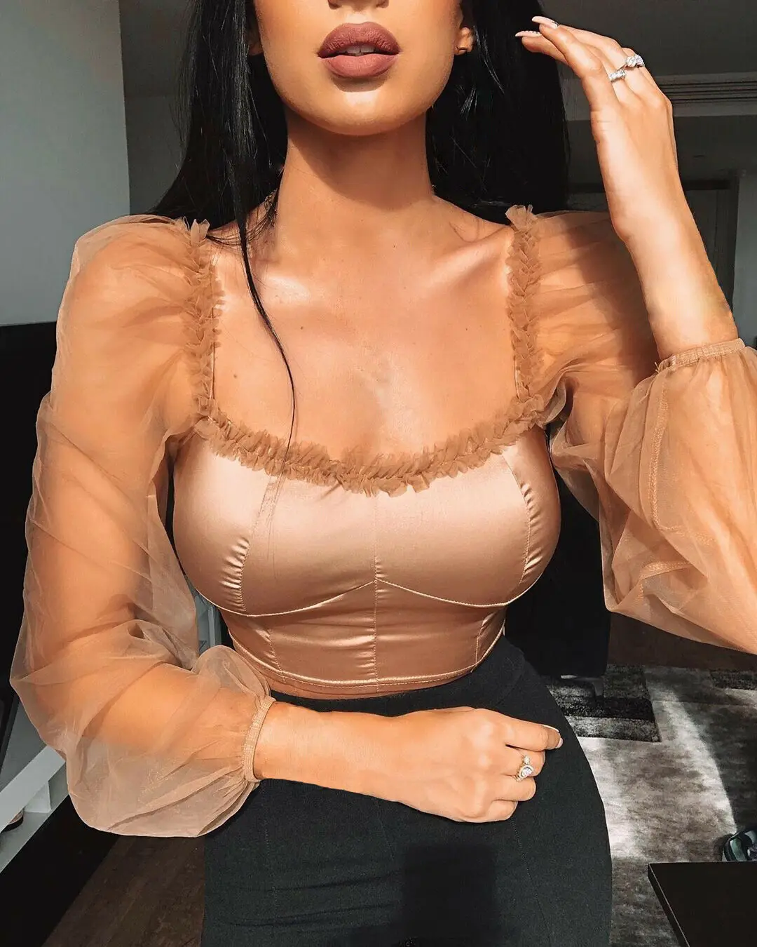 Винтажные женские блузки с квадратным воротником Короткие топы сетчатые