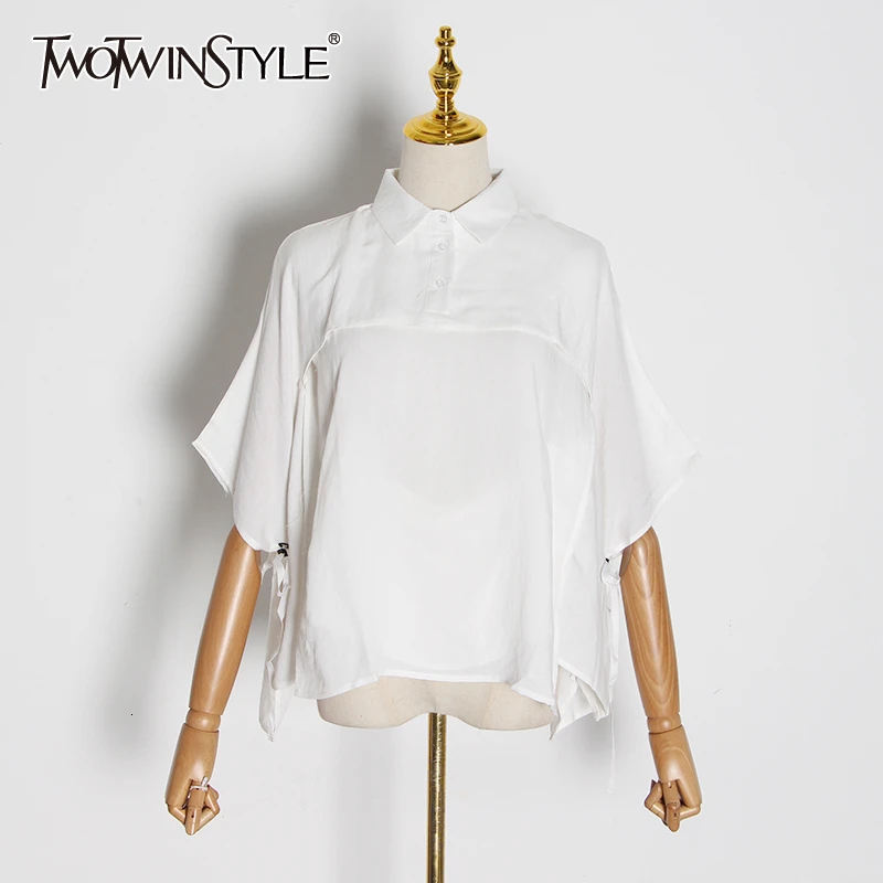 TWOTWINSTYLE Casual Lace Up Loose Shirts Female Lapel Collar Half Sleeve Ruched Blouses For Women Fashion Clothing Tide