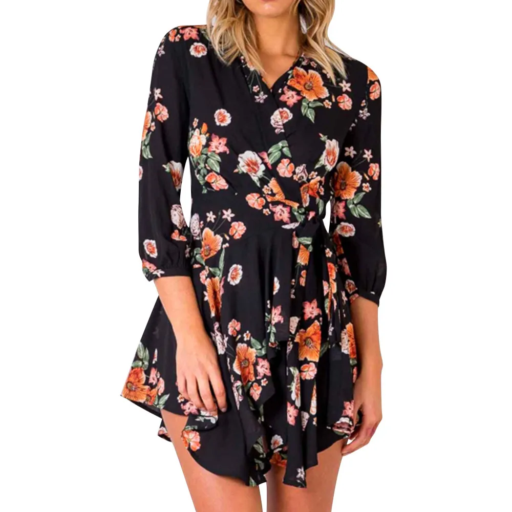 

New Fashion Bohemian Style Women Summer Casual Three quarter Sleeve V Neck Bandage Bodycon print Evening Party Short Mini Dress