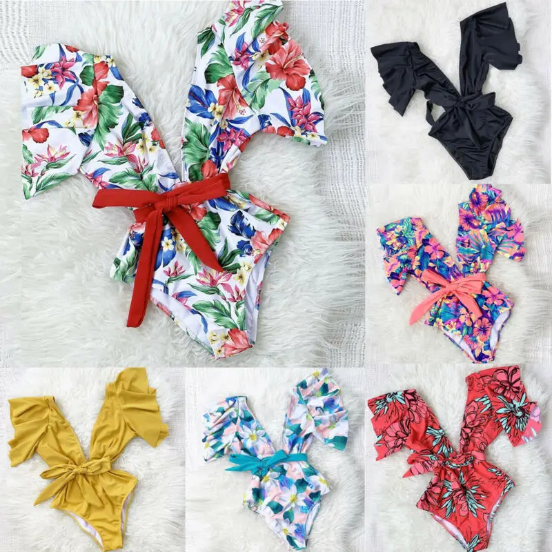 

2020 Women Floral One Piece Push-up Padded Bikini Swimwear Bathing Suit Summer Boho Swimsuit Ruffles Holiday Beachwear V Neck