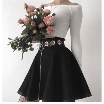 

Skirts womens zipper hollow out iron ring gothic a-line mini skirt high waist black 2019 streetwear cool chic female club wear