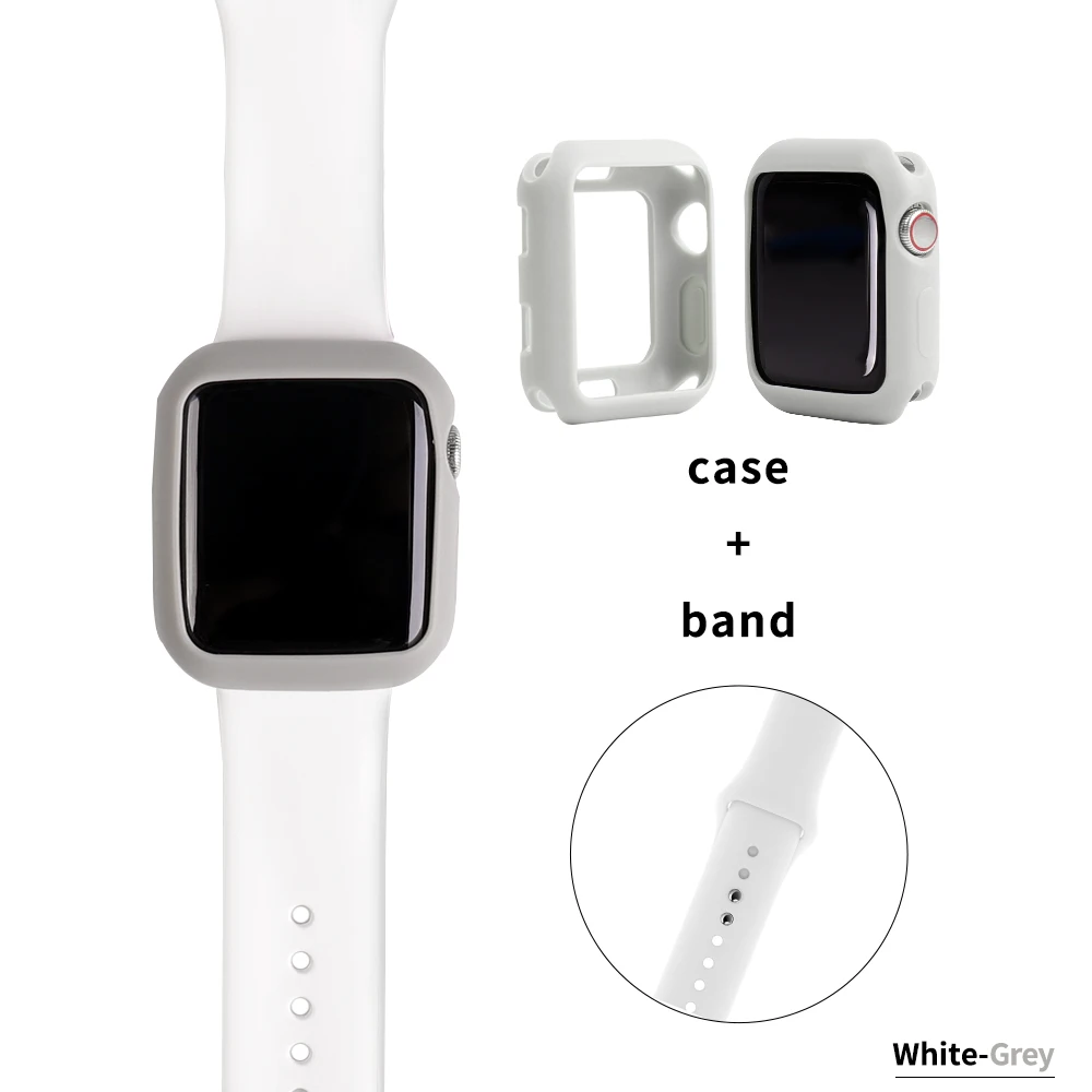 Мягкий силиконовый чехол для apple watch 4, 5, 3, 2, 1, чехол для iwatch, бампер 38, 42, 40, 44 мм, защита ярких цветов, тонкая рамка, ремешок - Цвет ремешка: White Grey