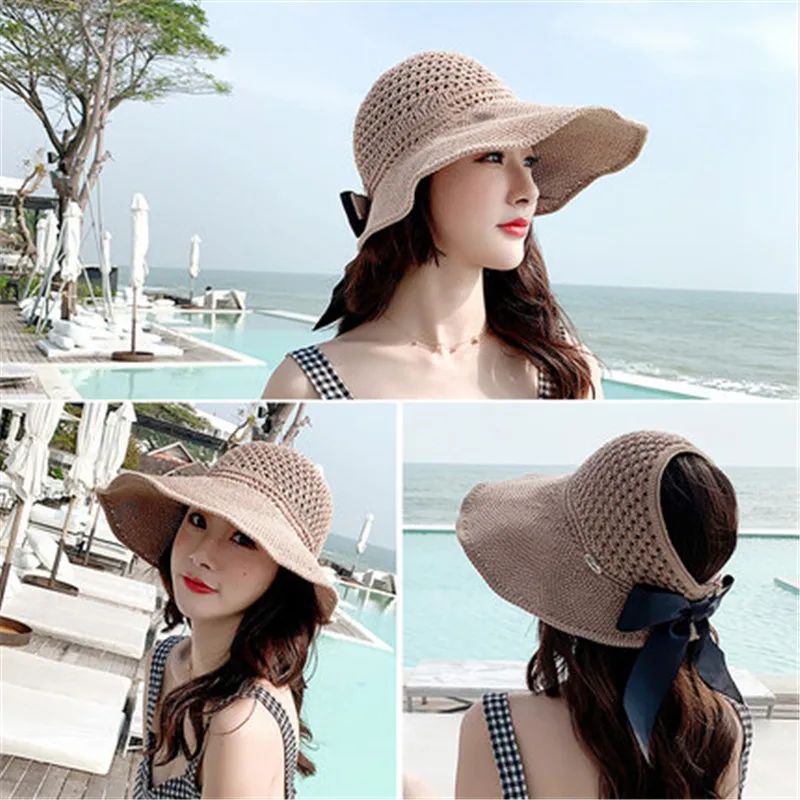 

Women Summer Sun Visor Big Bow Ponytail Messy Bun Wide Brim Foldable Elegante Breathable Bucket Casual Outwear Beach Straw Hat