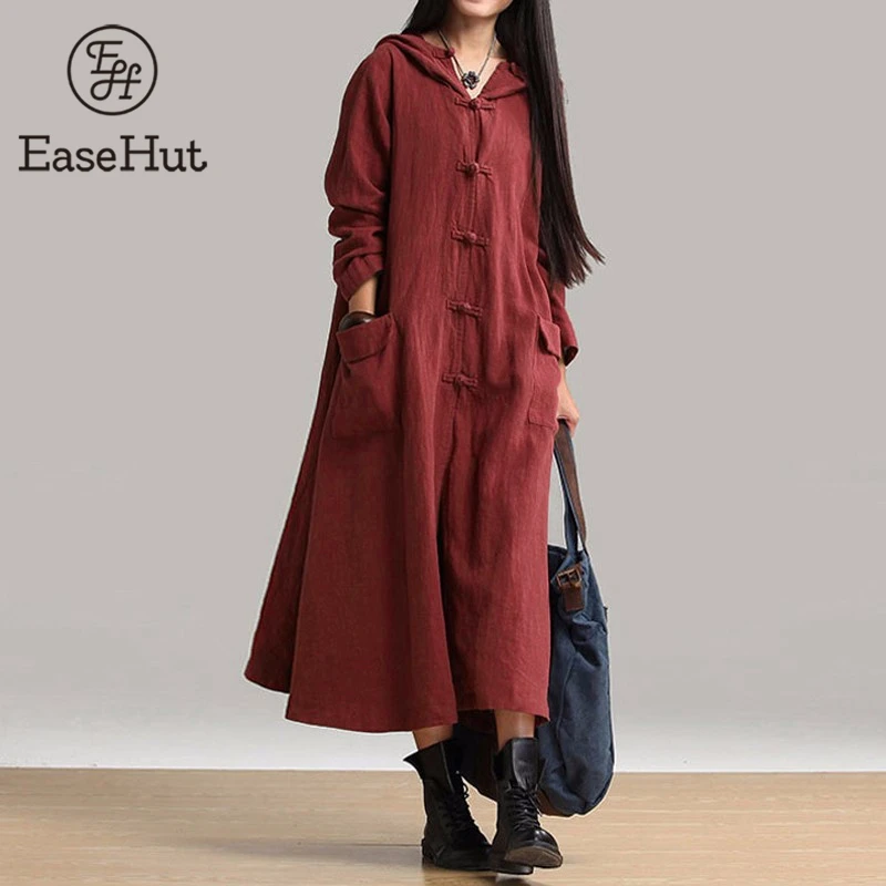 EaseHut, весна-осень, женское винтажное платье с капюшоном, повседневное, с длинным рукавом, свободное, одноцветное, Хлопковое платье, халат размера плюс, Vestidos