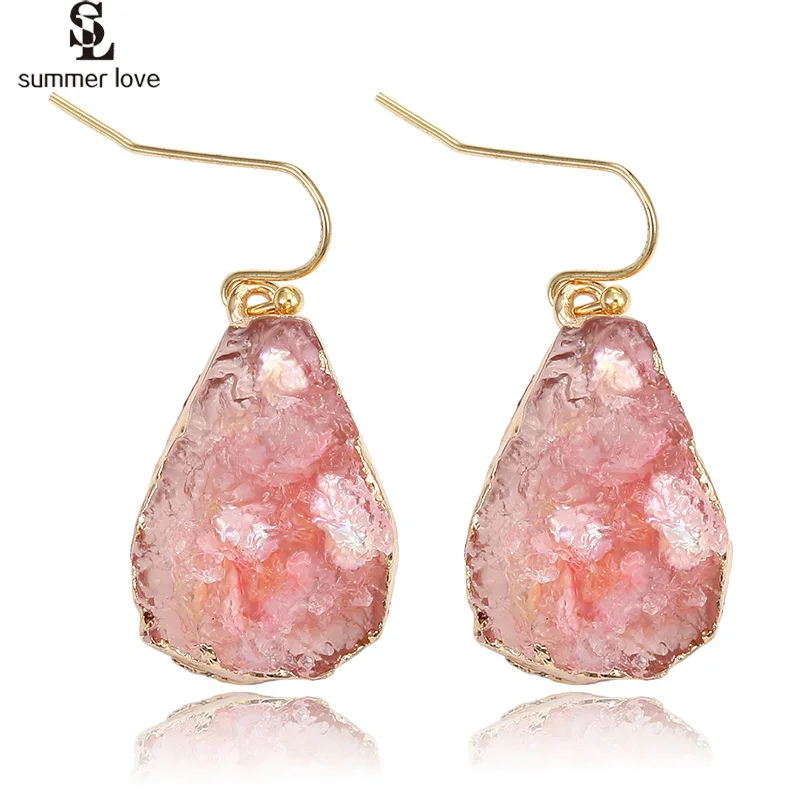 Colorful Drusy Water Drop Dangle Earings 2024 Fashion Golden Pink Quartz Resin Stone Druzy Earrings for Women Party Jewelry