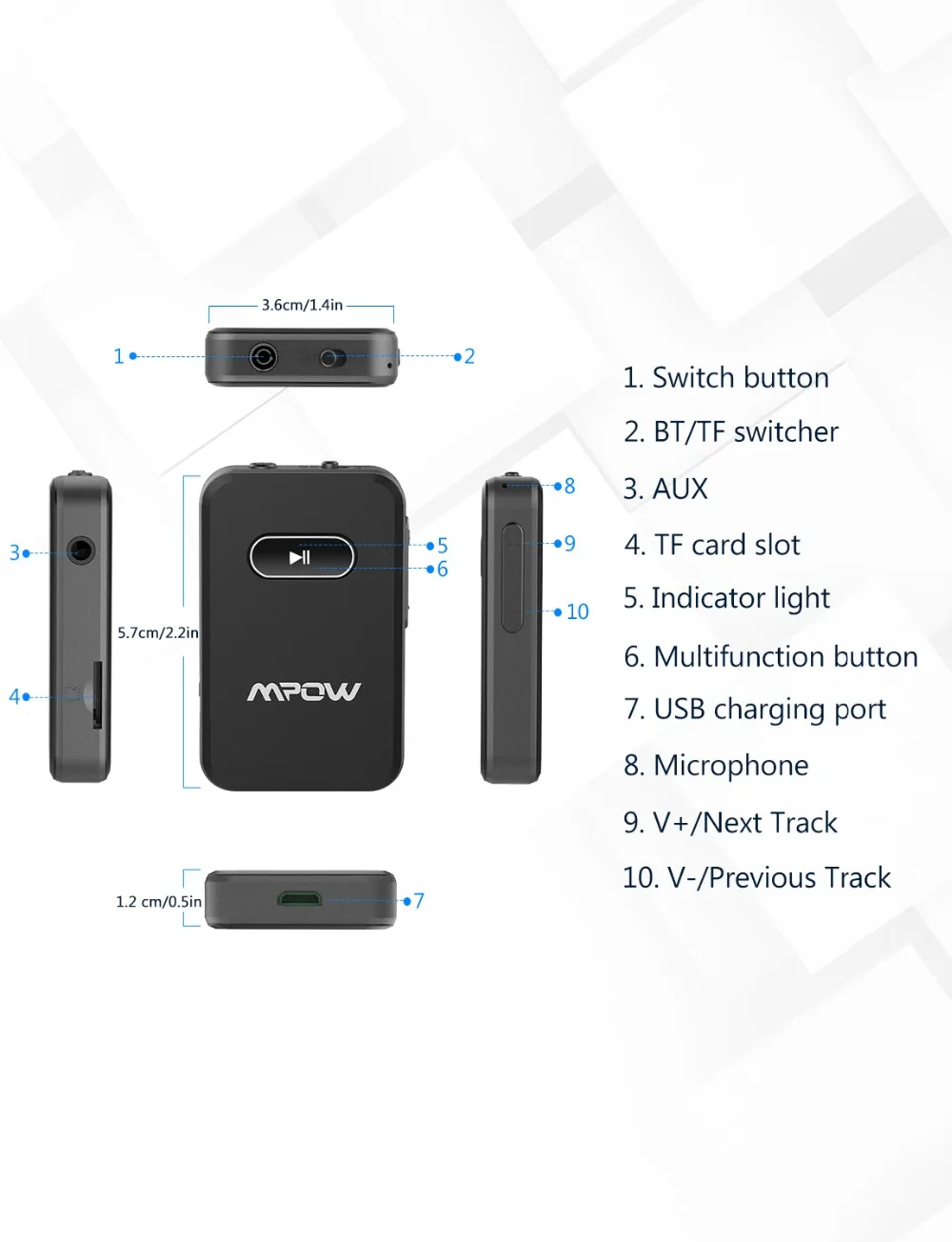 Mpow BH182 Bluetooth 4,0 приемник адаптер Поддержка TF карты макс 32 г 8 часов в режиме ожидания с микрофоном для автомобиля стерео системы динамик наушники