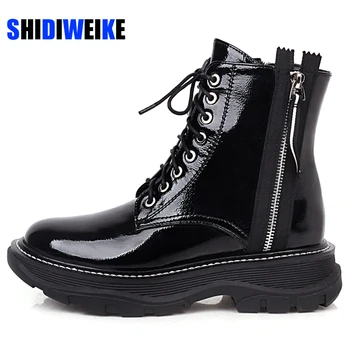

Women Motorcycle Ankle Boots flats Female Lace Up Platforms Autumn Winter Black Patent Leather Oxford Shoes Woman Botas Mujer