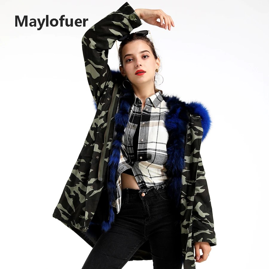 Maylofuer хорошая цена настоящий пуховик с мехом лисы камуфляжная женская куртка из натурального Лисьего меха пальто с капюшоном съемный Лисий меховой вкладыш
