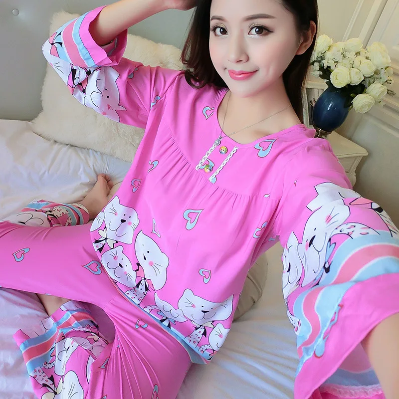 

Cotton Silk Pajamas Women's Spring And Autumn Long Sleeve Bourette Set Cute Two-Piece Set Korean-style Loose Thin Tracksuit Summ