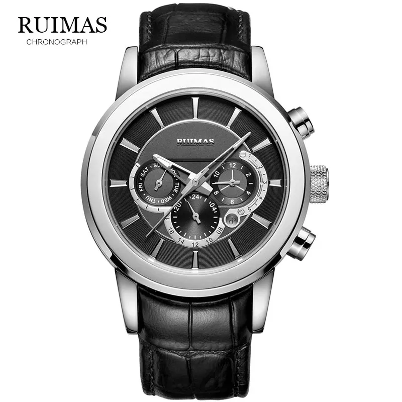 RUIMAS Mechanical Business Watch Men Top Brand Luxury Waterproof Date Calendar 24 Hour Leather Wristwatch Relogio Masculino 6767