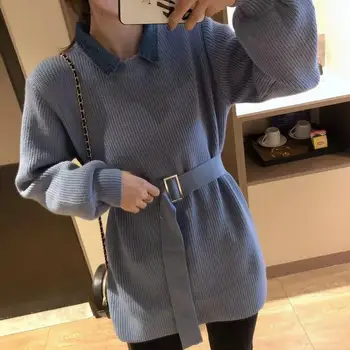 

2019 Korean Style Women Long Knitted Sweater New Turn-Down Collar Long Sleeve Pullover Sweater Autumn Winter Sweater Dress