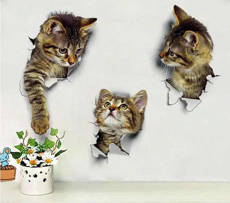 3 шт. 3D кошка Настенная Наклейка на холодильник обои для туалета Kawaii ТВ фон