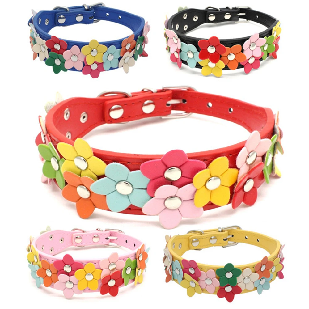 

Flower Dog Collar Cute Leather Studded Dogs Necklaces Pet Collars For Small Medium Dogs 8 Colors For Chihuahua