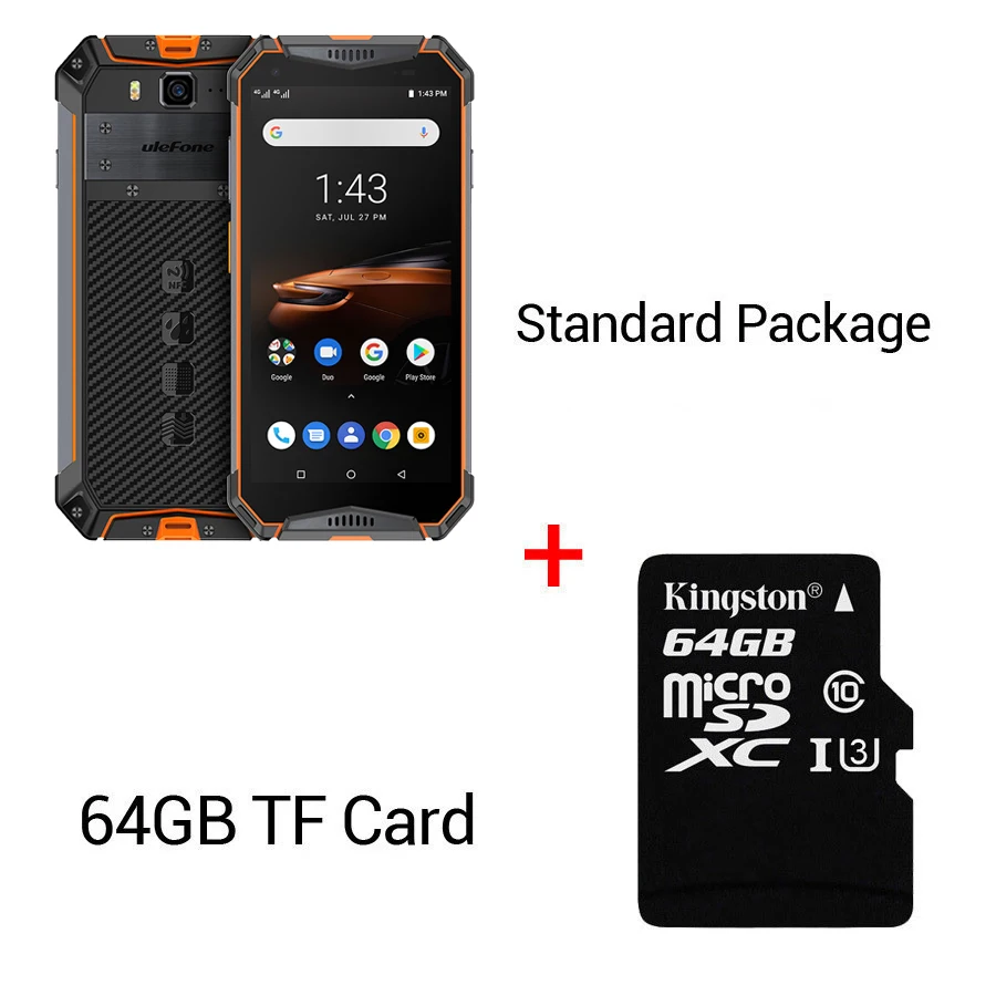 Ulefone Armor 3W 5," FHD+ Android 9,0 Helio P70 Octa Core 6 ГБ 64 Гб Смартфон 21 МП 10300 мАч 4G OTG NFC мобильный телефон - Цвет: Orange N 64GB Card