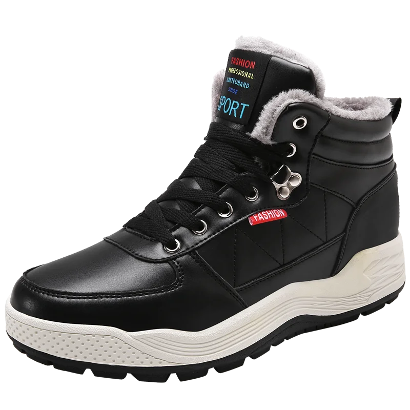 

Leather Men Boots Winter with Fur 2019 Warm Snow Boots Men Winter Work Casual Shoes Sneakers High Top Rubber Ankle Boots 39-48