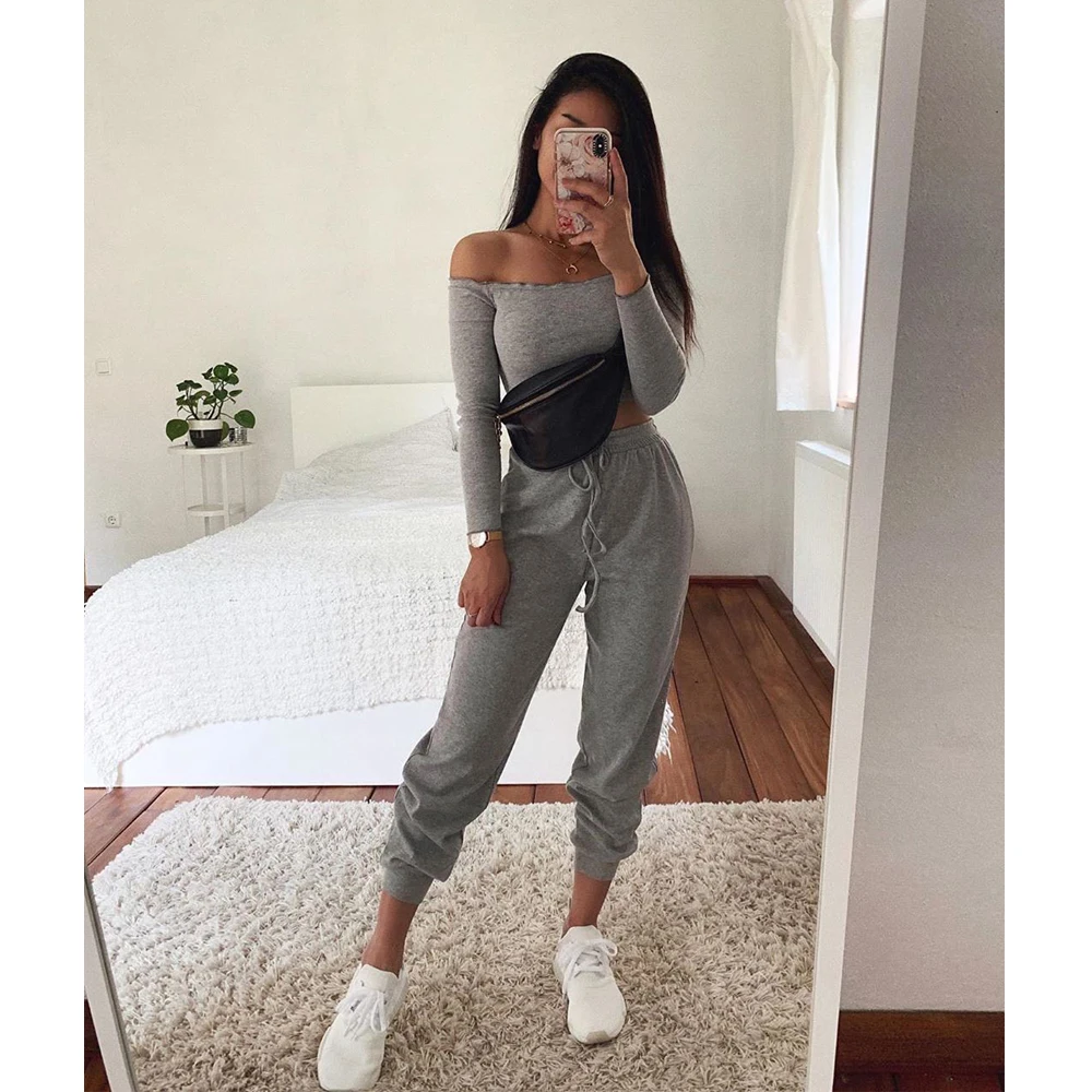 Summer New Women's Wear Collar Shoulder Sports Suit Nine-Minute Sleeve Tight Belt Trousers Gray Two-Piece Pants vintage american style striped flared jeans women high waist slim fit tight denim pants ladies casual streetwear skinny trousers