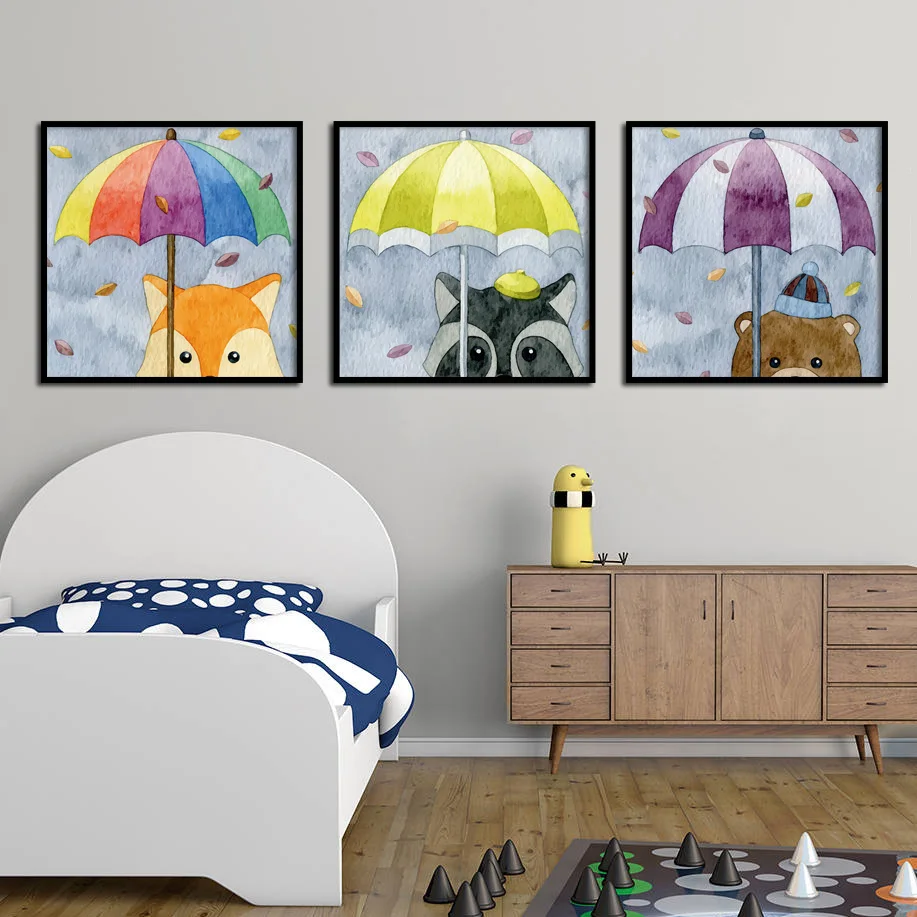 Umbrella Fox Rabbit Bear Raccoon Animals Wall Art Canvas Paintings Nordic Posters And Prints Pictures Baby Kids Room Decor | Дом и сад