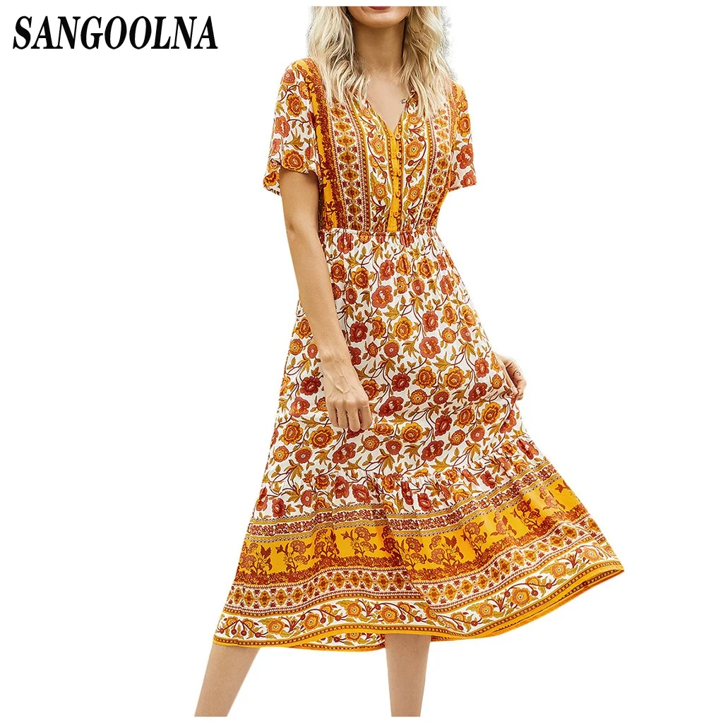 Элегантное желтое платье с цветочным принтом в стиле бохо женское запахом и