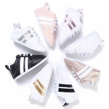 

2020 Kids Toddlers Lace Up PU Leather Soft Soles Sneakers Casual Baby Shoes Newborn Boys Girls Two Striped Bebe Shoes0-18 Months