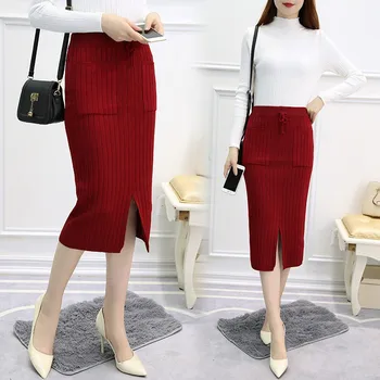 

Women Autumn Winter Knit Split High Waist Step Skirt Long Paragraph Bag Hip Step Solid Color Skirt