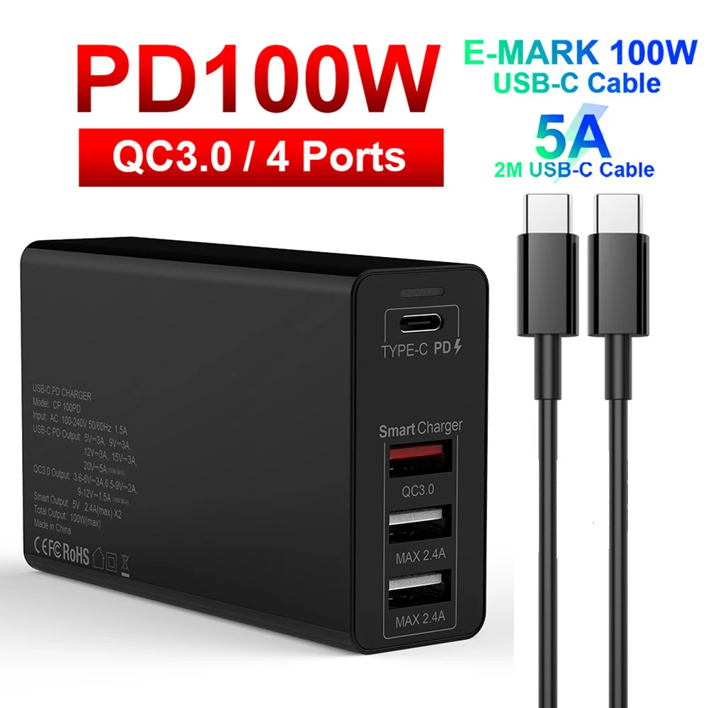 URVNS 100 Вт USB C PD Зарядное устройство кабель с разъемом типа 4 порт зарядная станция
