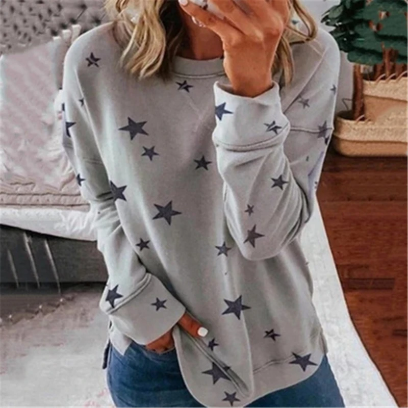 

Autumn Long Sleeve Star Print Pajamas Fashion Loose Casual Plus Size Women Sleepwear Simple Girls Pullover Top Female Nightshirt