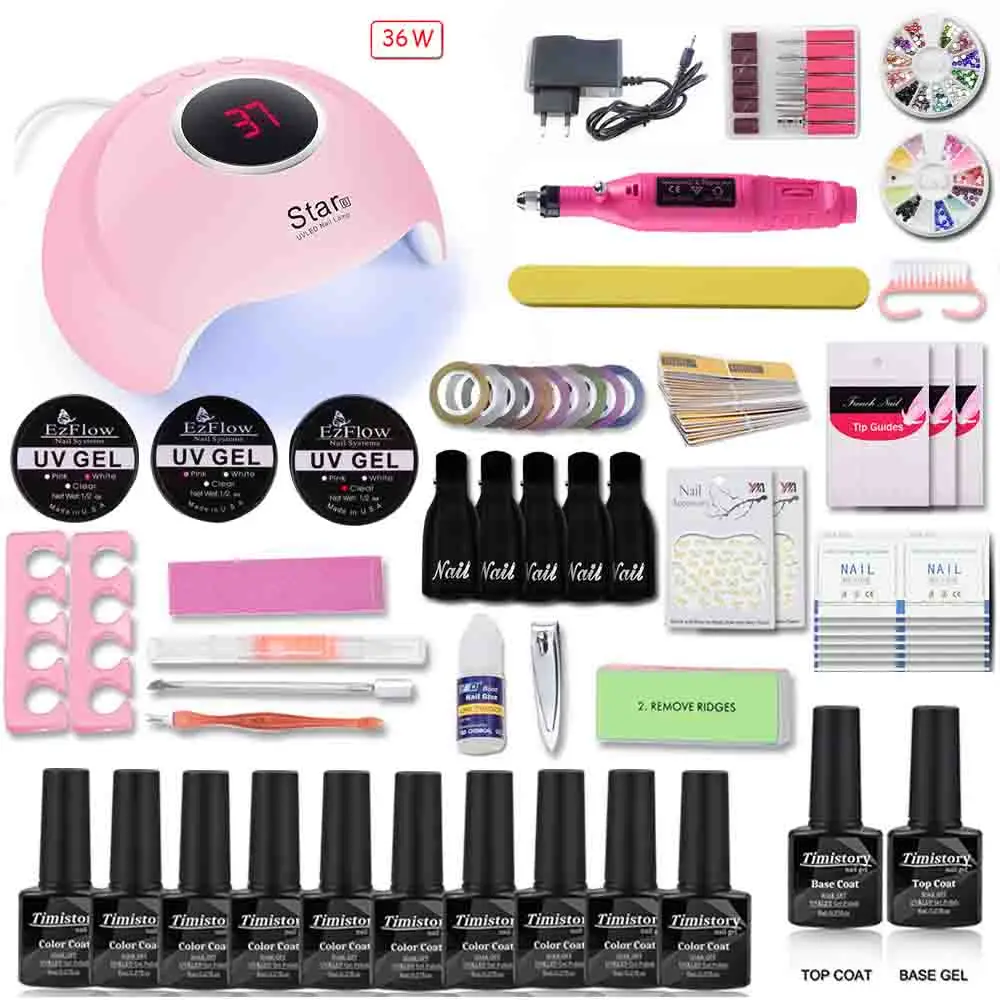 36W-Set Набор для ногтей УФ-светодиодный светильник для сушки с 10 шт. Набор для гель-лака для ногтей набор инструментов для замачивания маникюра электрическая дрель для ногтей инструменты для дизайна ногтей - Цвет: 36W-Set