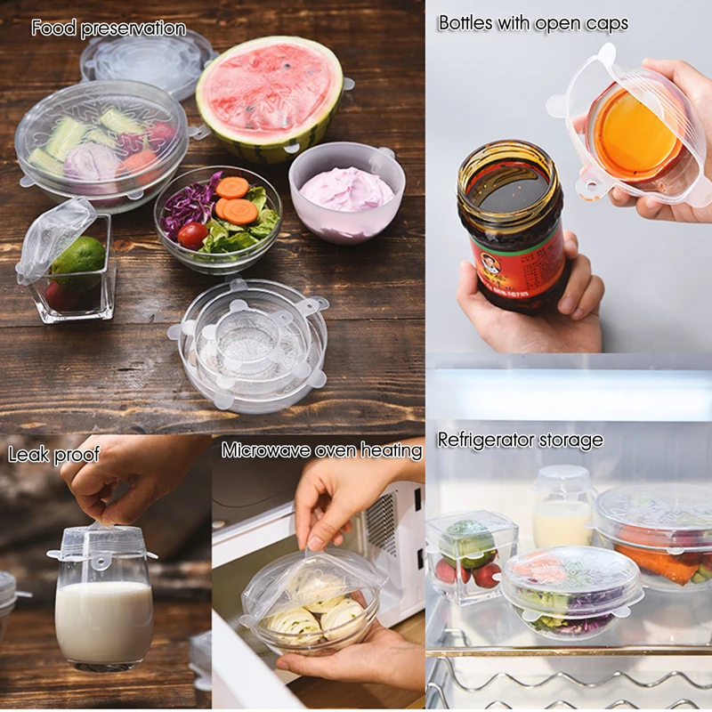 

6Pcs Kitchen Universal Accessories Silicone Reusable Food Wrap Bowl Pot Cover Silicone Stretch Lids Cooking Cookware Tools