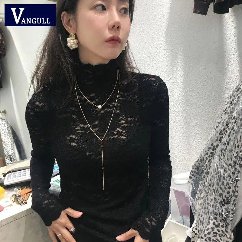Vangull кружевные топы с воротником-стойкой, Весенняя женская однотонная блузка, осенняя Офисная женская элегантная ажурная кружевная блузка с длинным рукавом и вышивкой