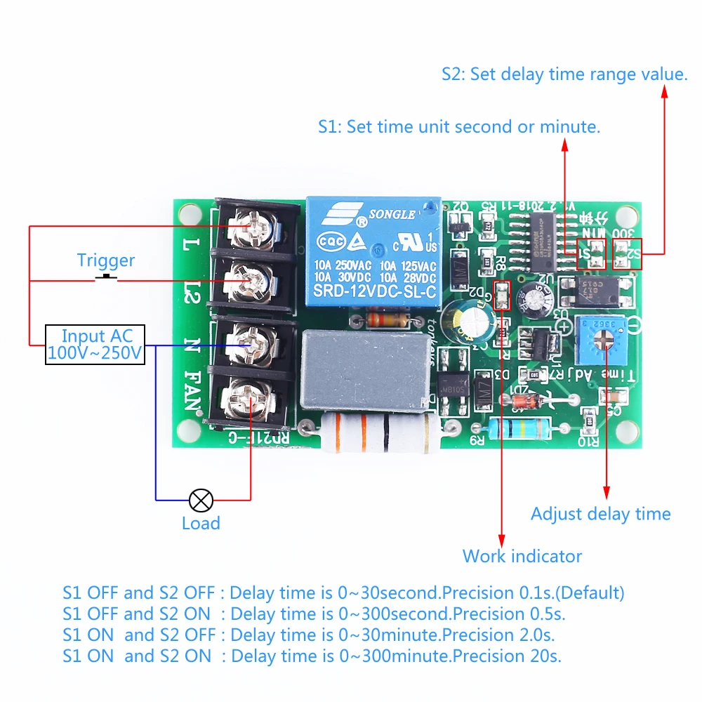 Релейный модуль с задержкой, регулируемое выключение питания, схема задержки переменного тока 220 в 30 с, вентилятор с задержкой выключения питания, светильник с охлаждением