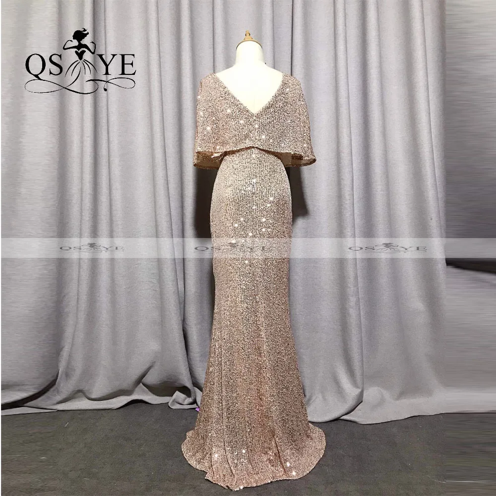 QSYYE Gold Evening Dresses Mermaid Short Sleeves Sexy V Neck Cheap Evening Gown Glitter Elegant Party Dress Bat Sleeves Formal evening wear dresses